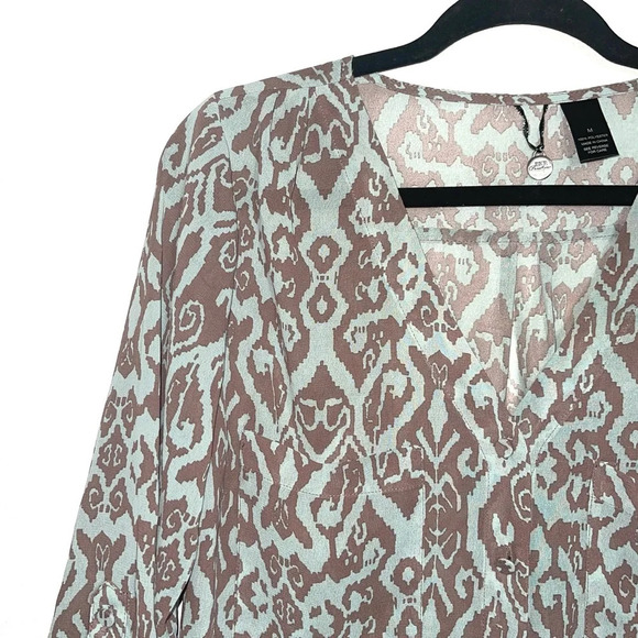 BKE Buckle Mint Green & Brown Boho Printed Semi-sheer Blouse Medium Women’s - Picture 3 of 9